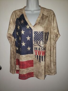 Beige Vintage American Flag V-Neck Jersey Top